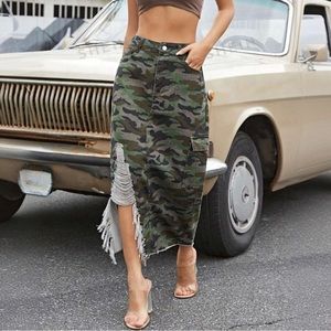 Camo Print Ripped Raw Hem Denim Skirt (Never Worn)